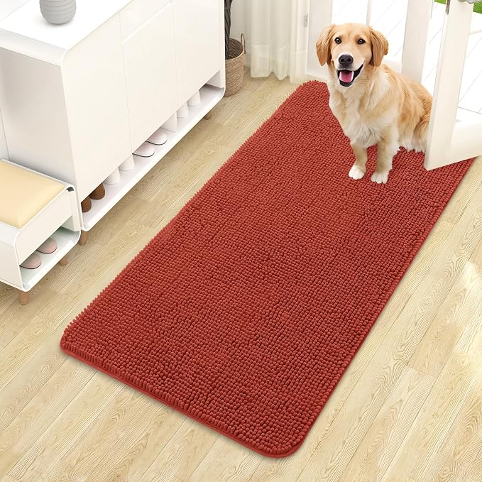OLANLY Dog Door Mat for Muddy Paws 44x24, Super Absorbent Chenille Mud Mat | Maple Red, Absorbs Moisture and Dirt, Non-Slip Machine Washable Doormat, Quick-Drying Indoor Entryway Floor Carpet for Dogs