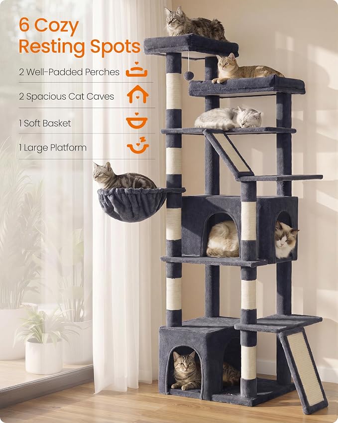 Feandrea 72.6-Inch Tall Cat Tree Tower for Indoor Extra Large Cats, Scratching Posts, Scratching Boards, Multi-Level Design, Dark Gray UPCT014G201S