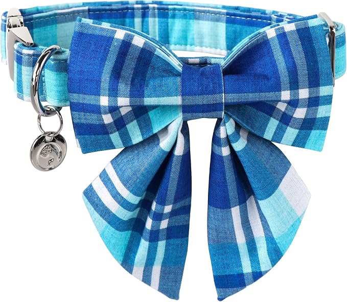 DOGWONG Cotton Blue Plaid Dog Collar, Cotton Dog Collar with Bow Cute Boy Dog Collar Puppy Necklace for Female Small Medium Large Dogs