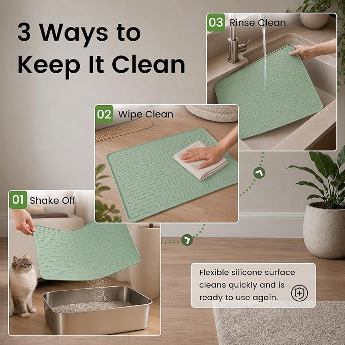 OHMO Cat Litter Mat 23.5x16 Silicone Trapping Mat Sage Green | for Kitty Litter Box, Easy Clean, BPA Free Rubber, Center Litter Collection, Easy Pour-Back, Waterproof, Odor-Resistant