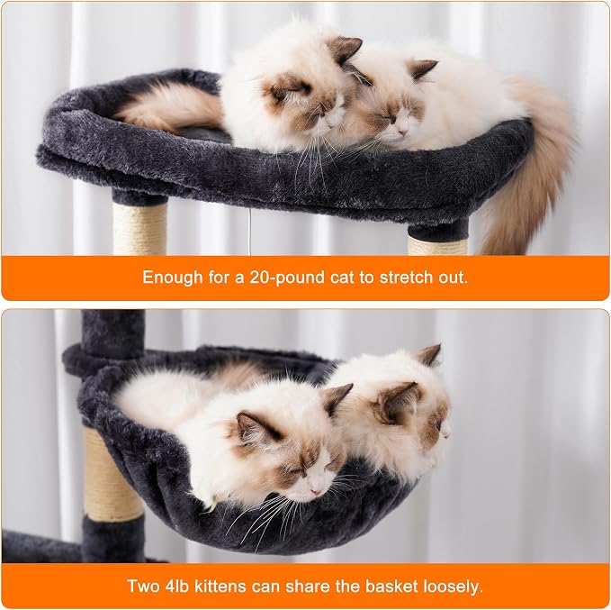 Heybly Cat Tree, 68 inch Multi-Level Cat Tower for Indoor Cats HCT025G | Cat Condo with 2 Widened Plush Perches, 2 Cozy Baskets, Scratching Board and Big Caves, Smoky Gray