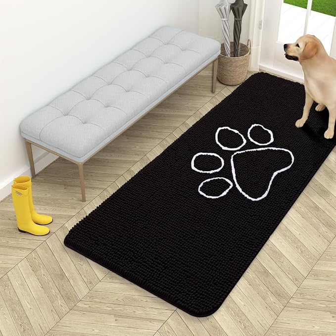 OLANLY Dog Door Mat for Muddy Paws 54x24, Paw Print Design Chenille Mud Mat | Black, Absorbent, Traps Moisture and Dirt, Non-Slip Washable Doormat, Quick-Drying Indoor Entryway Floor Carpet for Dogs