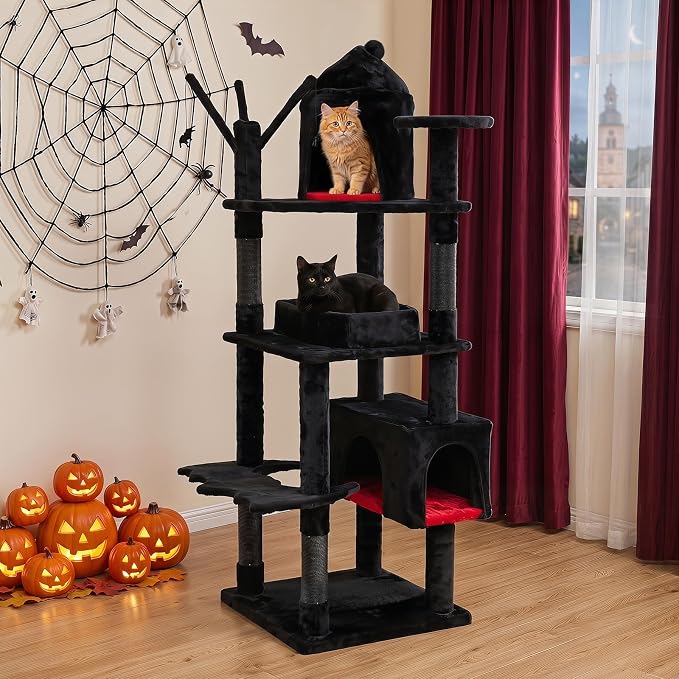 70-inch Gothic Cat Tree, Multi-Level Black Cat Tower | | Robust Scratching Posts | Coffin Bed | Castle-Shaped Comfy Cat Condo | Dual-Entry Condo | Spider-Shaped Hanging Toys |