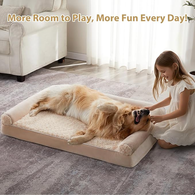 BFPETHOME Orthopedic Washable XXL Dog Bed for Senior Dog Cozy Sleep | Extra Large Waterproof Big Soft Pet Couch Bed for Dogs Relax with Removable Cover Supportive Egg Crate Foam Beige 48x35 Inch