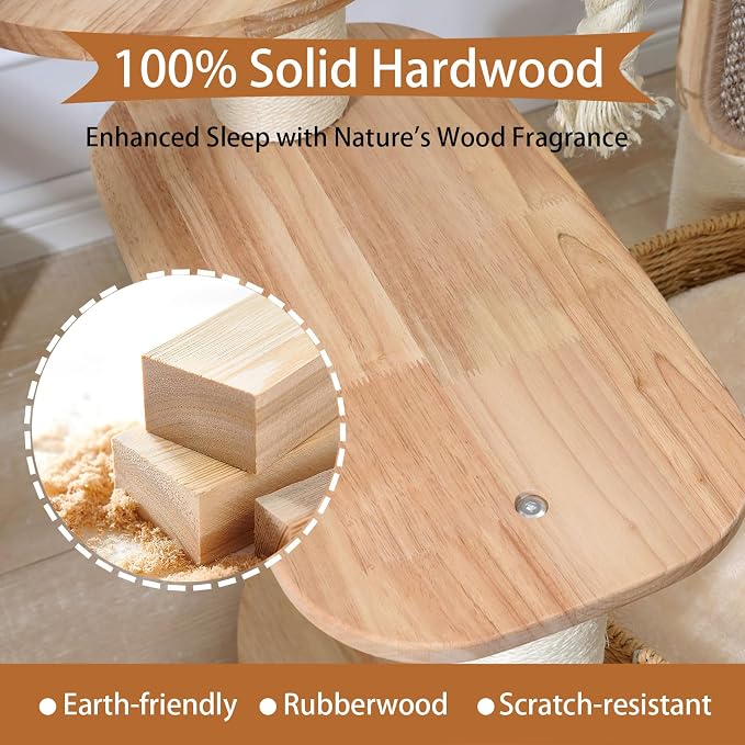 49.6in Solid Wood Cat Tree for Large Cat, Modern Tall Cat Tower | Multi-Level Cat Condo, Cute Aesthetic Design, with Scratching Post, with Hand-Woven Cat Bed, for Indoor Cats, Easy to Clean