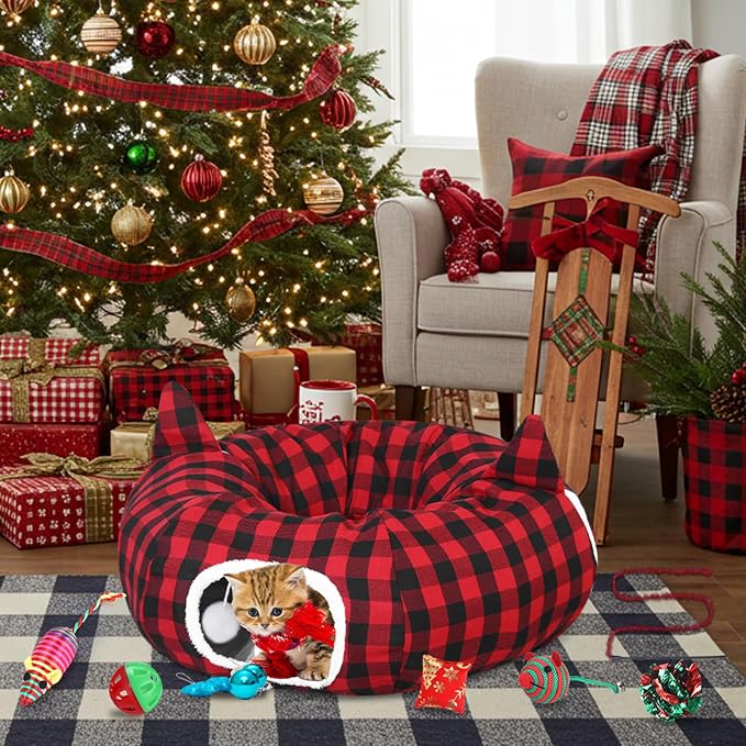 Dansydaisy Cat Tunnel Christmas Tree Skirt, Plaid Buffalo Cat Tunnel Bed with Toys, Hanging Pom Ball Plush Washable Cushion and Dangling Balls 3FT Peekaboo Playground for Small Rabbit Xmas Decor