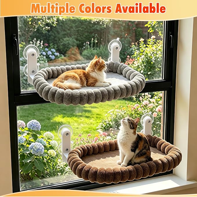IPOW Cat Window Perch Cordless Foldable Cat Hammock Bed for Window with 4-Sided Bolster, Sturdy Metal Frame & Strong Suction Cups Window Hammock for Large Cats and Kittens