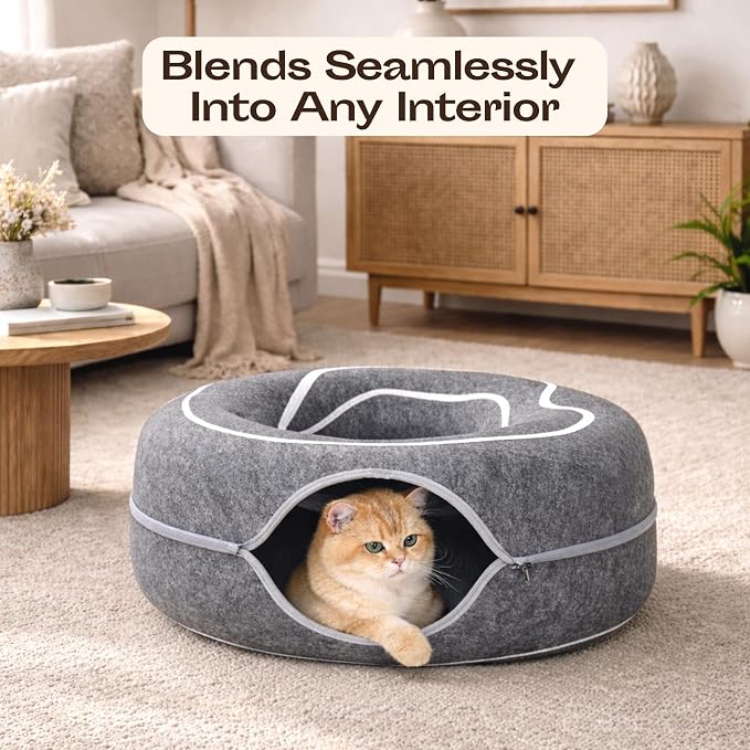 Peekaboo Cat Cave Donut - Cat Tunnel Bed for Indoor Cats – Cute Patterns Hideaway for Multiple & Large Cats, Scratch-Resistant (Dark Gray)