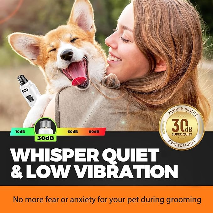 Whisper Quiet Dog Nail Grinder Safe & Stress-Free for Sensitive Dogs Cats | 4 LED Lights,3 Grinding Bits, 3-Speed, Pet Nail Trimmers, Rechargeable Painless Grooming Kit for All Breeds & Sizes