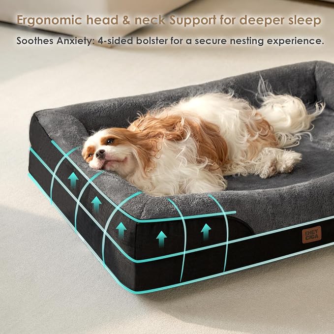 EHEYCIGA Orthopedic Dog Bed for Large Sized Dog, 36x27 Inch Large Memory Foam Dog Couch Bed with Sides, Waterproof Liner & Washable Removable Cover, Bolster Pet Sofa, Grey/Black