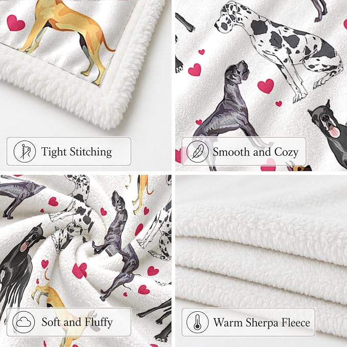 BlessLiving Great Dane White Throw Blanket with Dense Black Dog Patterns Sherpa Fleece Blanket Couch Bed, Soft Cozy Warm Pet Blankets for Puppy Lovers Cute Animal Print Gift 50x60 Inches