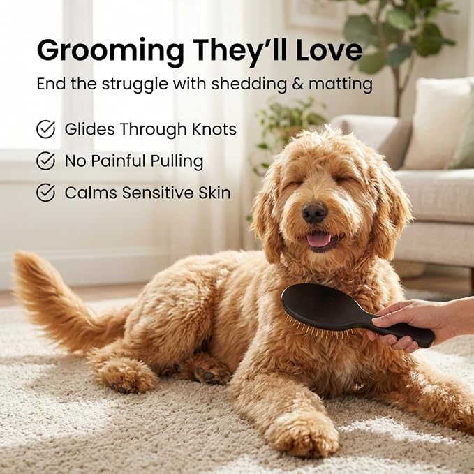 We Love Doodles Pin Brush for Dogs, Pet Grooming Detangler Pin Dog Brush, Dog Brush for Shedding and Removing Loose Fur, Lightweight Beech Wood (Silver Pins)