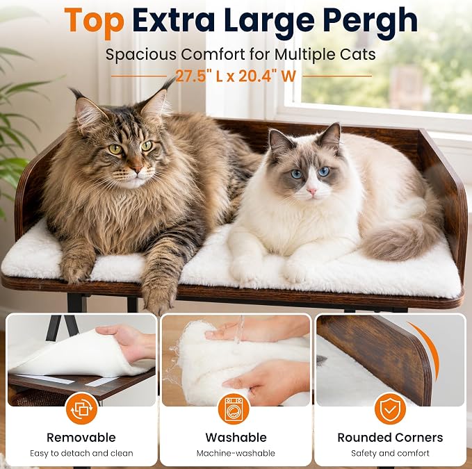 48in Wood Modern Cat Tree for Large Indoor Cats with Big Perch Bed | Multi-Level Climbing Design, Cat Cando, Sisal Scratching Posts and Board, Removable Washable Pads, Stable Rustic Brown