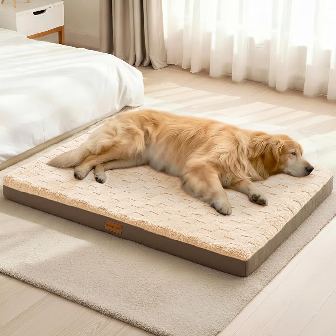 Patas Lague Orthopedic Large Dog Bed Washable Pet Crate Mat 42''X28'' Camel | Egg-Crate Foam Dog Couch For Large Sized Dogs, Waterproof Removable Cover, Soft Pet Bed With Nonskid Bottom