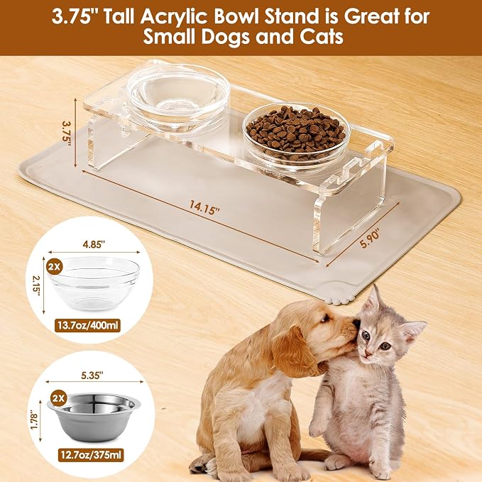 Elevated Dog & Cat Bowls – 3.75” Acrylic Raised Pet Feeder Stand with 2 Stainless Steel & 2 Glass Bowls – Food & Water Dish Set for Puppy/Small Dogs & Cats