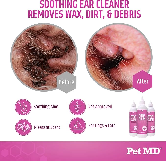 Pet MD Otic Ear Solution for Dogs & Cats - Sweet Pea & Vanilla Scent - 8oz | Dog and Cat Ear Cleaner to Help Reduce Wax & Build Up - Cleans and Deodorizes by Flushing Debris