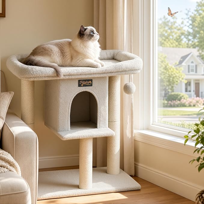 Cat Tree Tower Scratching Post for Indoor Large Adult Cats with Perch Bed | 28in Tall Small Cat Trees House with Big Perch, Condo, Toy Balls, Modern Kitten Climbing Furniture Platform, Light Gray