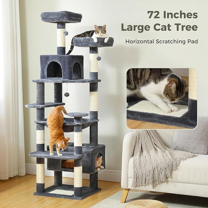 PAWZ Road 72" Cat Tree, Tall Cat Tower with Hammock& Condos for Large Cats | 20"x16" hammock for adult cats, cat tower with 7 scratching posts, dual top perch and large condo for big cats