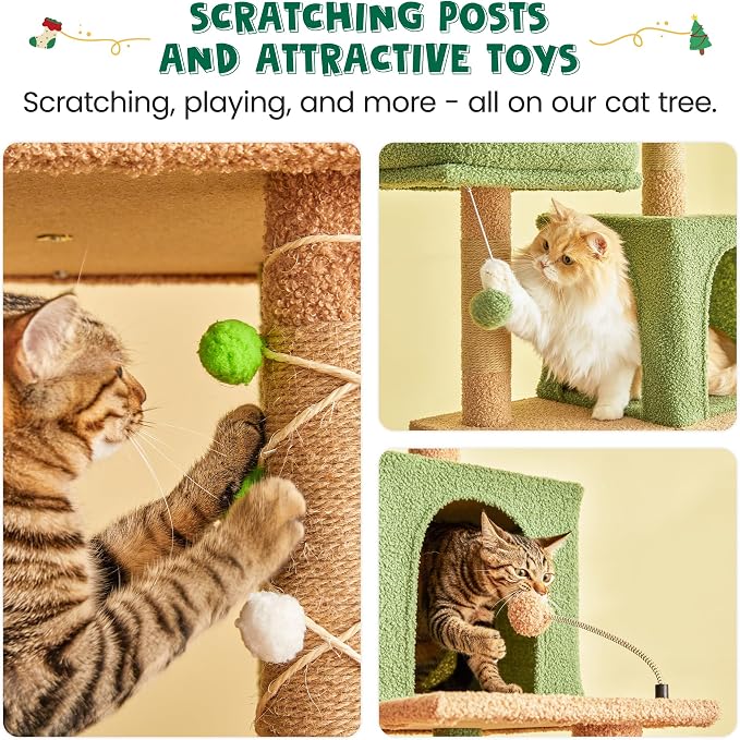 MWPO 70.1-Inch Green Large Cat Tree, Multi-Level Tall Cat Tower for Indoor Cats, Plush Cat Condo with Big Padded Perches, Sisal-Covered Scratching Posts, Hammock, Toys for Kittens & Cats