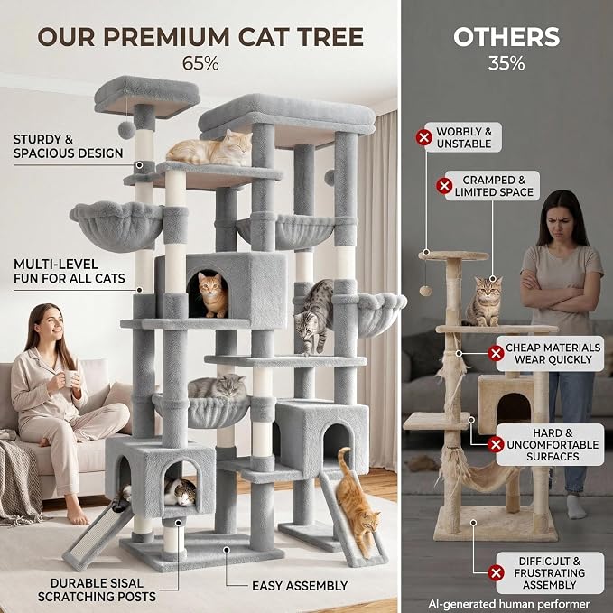 Sha Cerlin 87 in Multi-Level Tall Cat Tree Tower for Large Cats/Extra Wide Feline Activity Center/Sisal Scratching Posts/Wide Base/Cozy Plush Perches/Baskets/Hammocks/Toy Balls/Grey