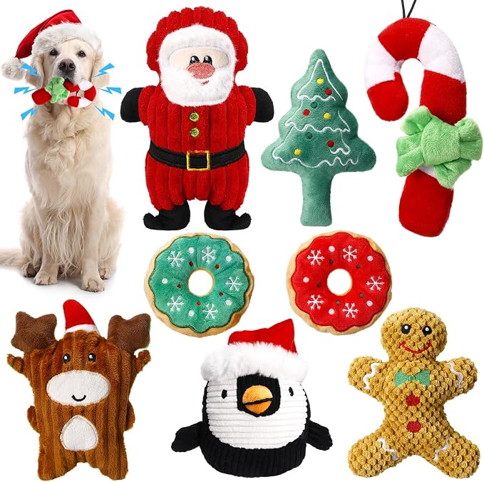 8 Pack Christmas Dog Toys Durable Squeaky Dog Toys for Puppy Christmas Interactive Stuffed Animal Plush Chew Toys with Squeaker for Small Medium Large Dogs Teeth Cleaning