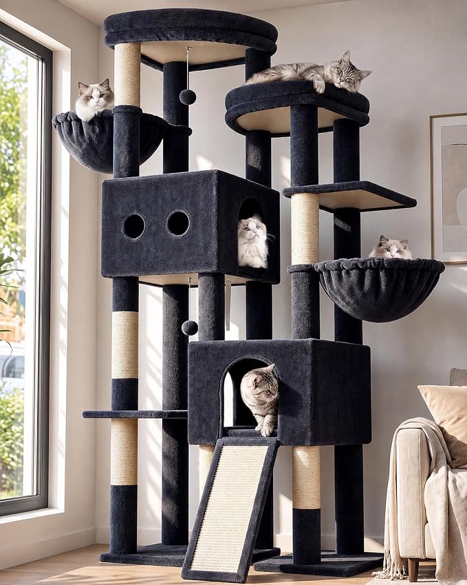 Globlazer Sturdy Cat Tower for Indoor Cats 20lbs, 76in, S76E, Dark Grey | Heavy Duty Cat Tree for Adult Big Cats Maine Coon with Scratching Post, 2 Extra Large Top Perch, 2 Padded Cat Condos