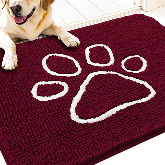 OLANLY Dog Door Mat for Muddy Paws 32x20, Paw Print Design Chenille Mud Mat | Burgundy, Absorbent, Traps Moisture and Dirt, Non-Slip Washable Doormat, Quick-Drying Indoor Entryway Floor Carpet for Dogs