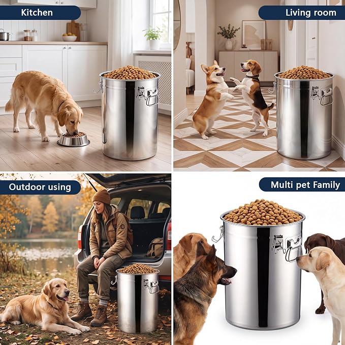 25 lb Stainless Steel Dog Food Storage Container | with Silicone Airtight Lid, Scoop. Easy to Clean Metal Pet Dog Cat Food Storage Container Keep Fresh