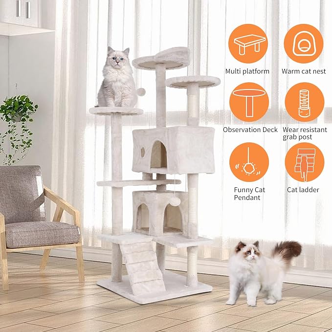 Cat Tree for Indoor Cats, Multi-Level Cat Tower with Scratching Posts & Cozy Condo, Space Saving Cat Activity Center, Durable Pet Play House (54in,Beige)