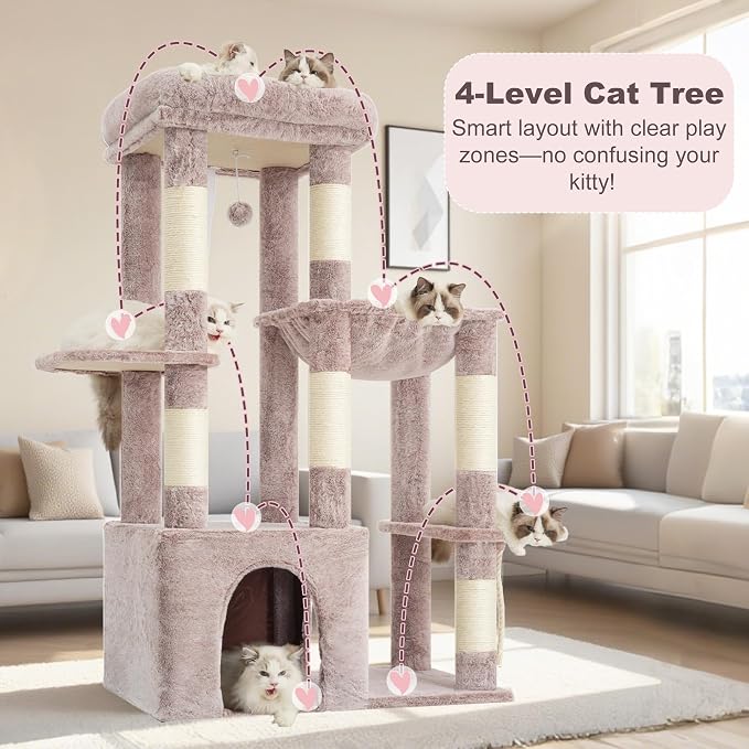 Heybly Heavy Duty Cat Tree with Large Base for Large Indoor Cats HCT026MU | Cat Tower with Scratching Posts, Tall Cat Condo House , Multi-Level Plush Furniture with Hammock & Toy Balls, Rosy Brown