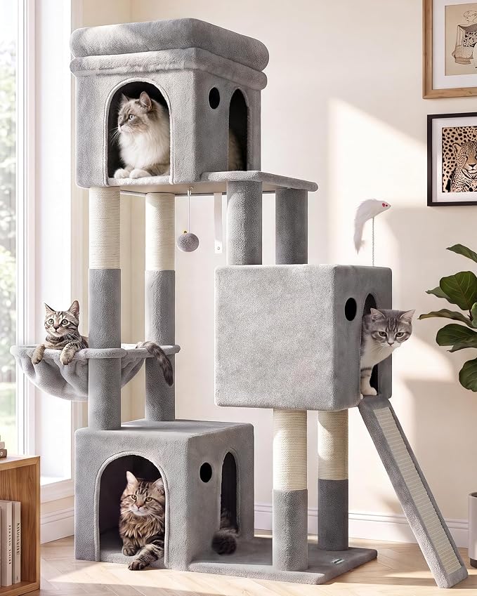 Globlazer Heavy Duty Cat Tree for Indoor Cats Large Adult, F52B, Light Grey | 3 Condos, Extra-Large Baseboard, Removable Top Perch, 4 Sisal Posts & Board, Hanging Basket, Anti-Topple Strap, Easy Setup