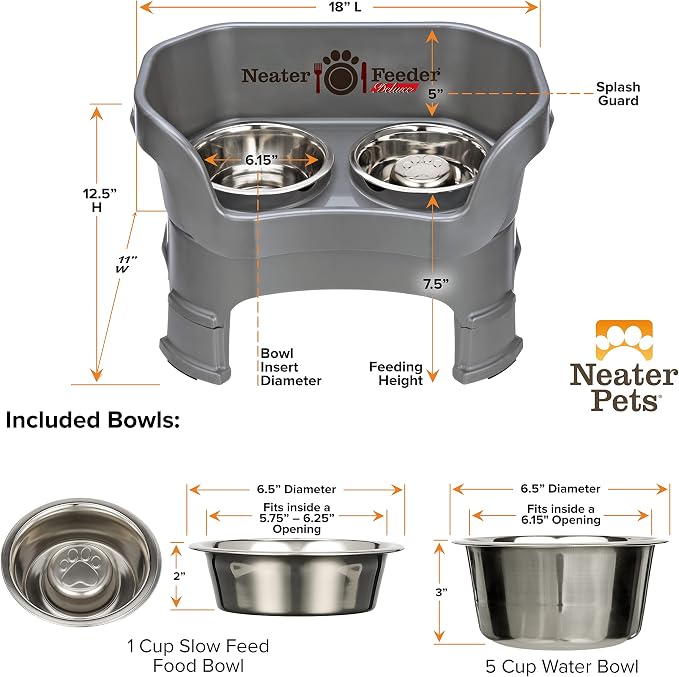 Neater Feeder Deluxe Mess-Proof Elevated Dog Bowls for Medium Dogs (19–40 lbs), 2 Height Adjustable (10” & 12.5”) No-Spill Raised Dog Bowl Stand w/Slow Feed Bowl for Food, Made in USA, Grey
