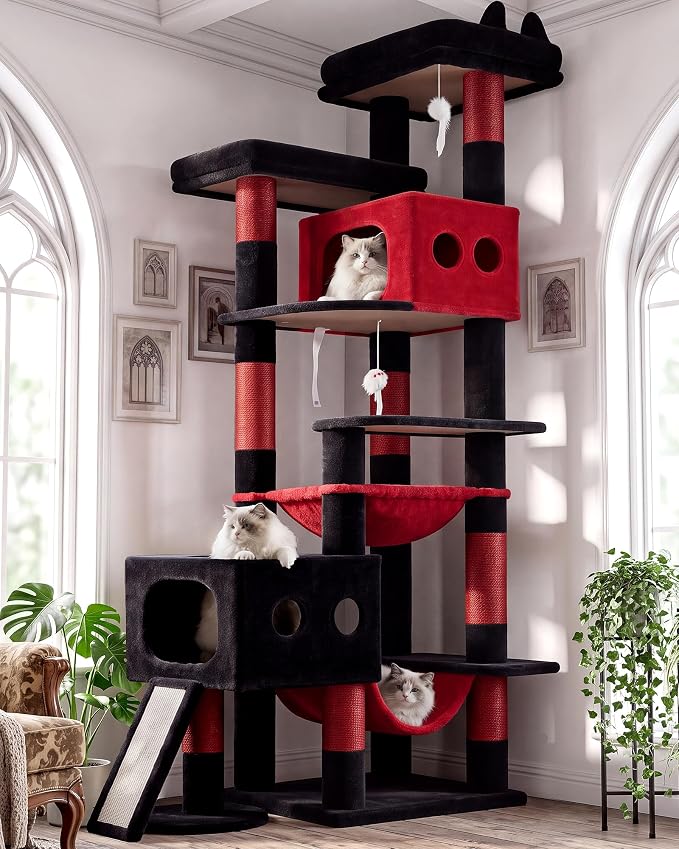 Globlazer 83inch Sturdy Gothic Multi-Level Tall Cat Tower, S83G, Blood-Goth | Extra Large Heavy Duty Cat Tree for Indoor Large Adult Cats Kittens with 2 Cat Condo, 8 Scratching Post, 2 Hammock