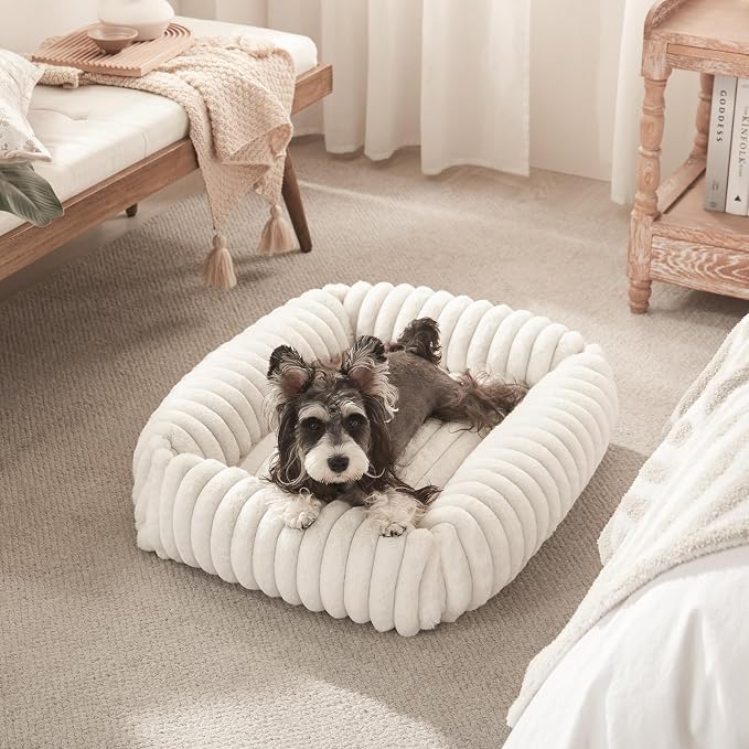 FURTIME Dog Bed Medium Size Dog, Washable Orthopedic Pet Bed with Removable Cover, Rectangle Soft Calming Sleeping Puppy Bed Durable Pet Cuddler with Anti-Slip Bottom, Cream, M Plus (30"x24"x8")