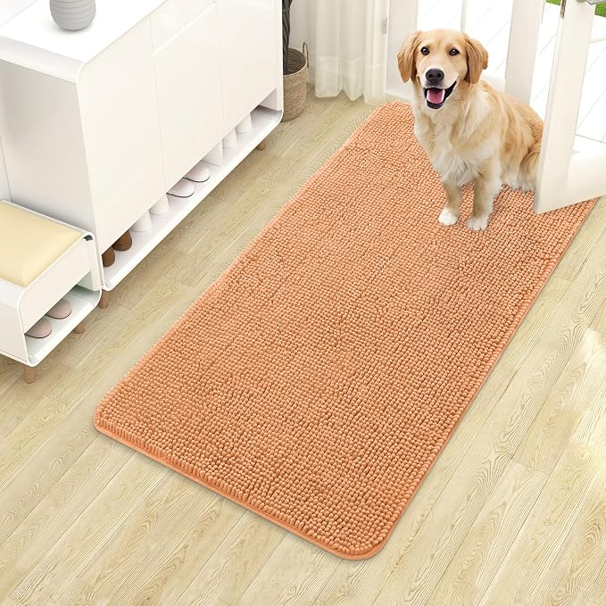 OLANLY Dog Door Mat for Muddy Paws 40x24, Super Absorbent Chenille Mud Mat | Orange, Absorbs Moisture and Dirt, Non-Slip Machine Washable Doormat, Quick-Drying Indoor Entryway Floor Carpet for Dogs