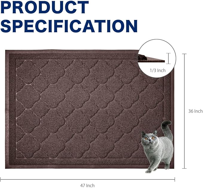Cat Litter Box Mat, Kitty Premium PVC Pad, Durable Trapping Rug, Phthalate Free, Urine-Resistant, Scatter Control, XXL 47 x 36 Inch, Brown