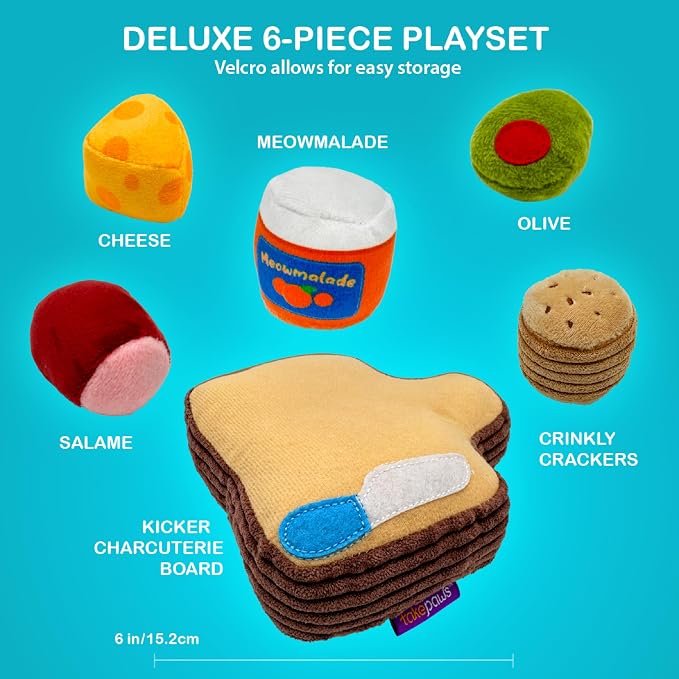 Pounce & Purr Charcuterie Cat Toy Set with Catnip & Silvervine 6-Piece Plush Cat Toys for Indoor Cats, Kitten Chew Toy, Kicker & Unique Cat Gift - Cheese Board Playset