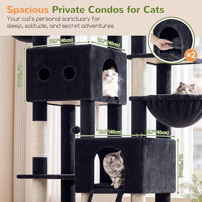 Globlazer Sturdy Cat Tower for Indoor Cats 20lbs, 76in, S76E, Dark Grey | Heavy Duty Cat Tree for Adult Big Cats Maine Coon with Scratching Post, 2 Extra Large Top Perch, 2 Padded Cat Condos