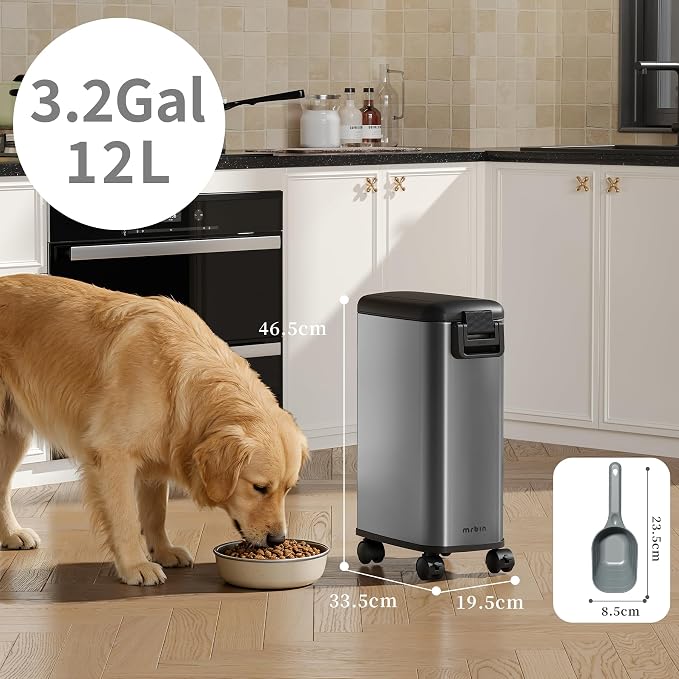 MRBIN Pet Food Storage Bin, Dog Food Bin 12L with Scoop Airtight Pet Food Container Stainless Steel with Wheels, Eclipse Grey