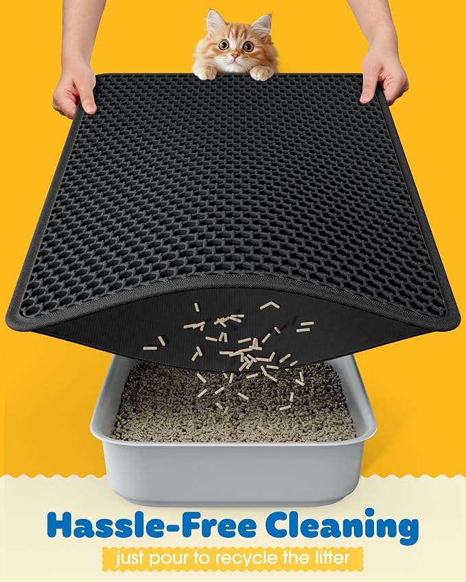 Powools Cat Litter Mat, 23.2 x 14.6 in, Waterproof, Non-Slip, Black | Litter Trapping Mat, Easy to Clean, Litter Box Mat, Urine-Proof, Cat Toilet Training Systems Accessories, Indoor Cats