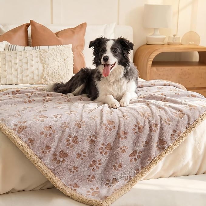Luciphia Waterproof Pet Blankets Whith Paw Print for Couch Sofa Bed Cover, Liquid Pee Proof Soft Fluffy Dog Blanket Washable, Reversible Furniture Protection Puppy Cat, Khaki, X-Large（85" x 57"）