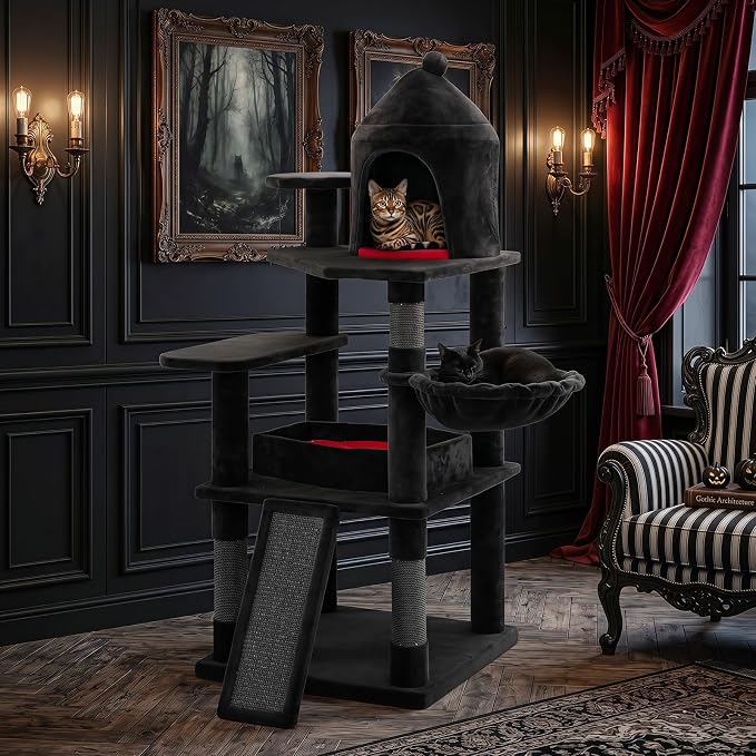 50-inch Gothic Cat Tree, Multi-Level Black Cat Tower | | Robust Scratching Posts | Coffin Bed | Castle-Shaped Comfy Cat Condo | Spider-Shaped Hanging Toy | Scratching Ladder |