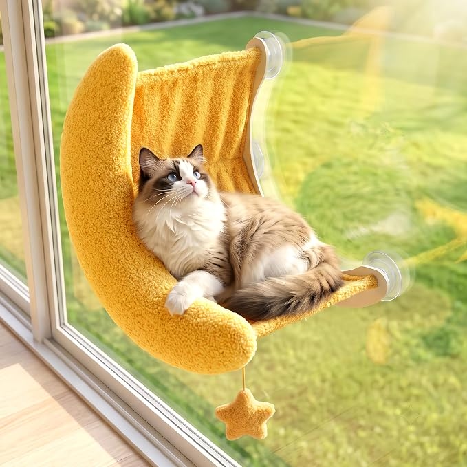 Cat Window Perch Moon Shape, Large Cat Hammock Bed Washable | Suction Mount, Steel Brackets, Soft Fabrics, Natural Pine Wood, Space Saving, Tool-Free Assembly, Watch birds, Sunbathing