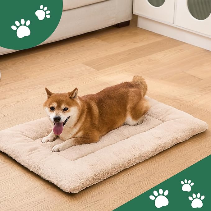 Washable Dog Crate Bed Mat for Medium/Large Dogs – All-Season Comfort with Ultra-Soft Flannel & Heavy-Duty Support (Cream, 36''L*23''W)