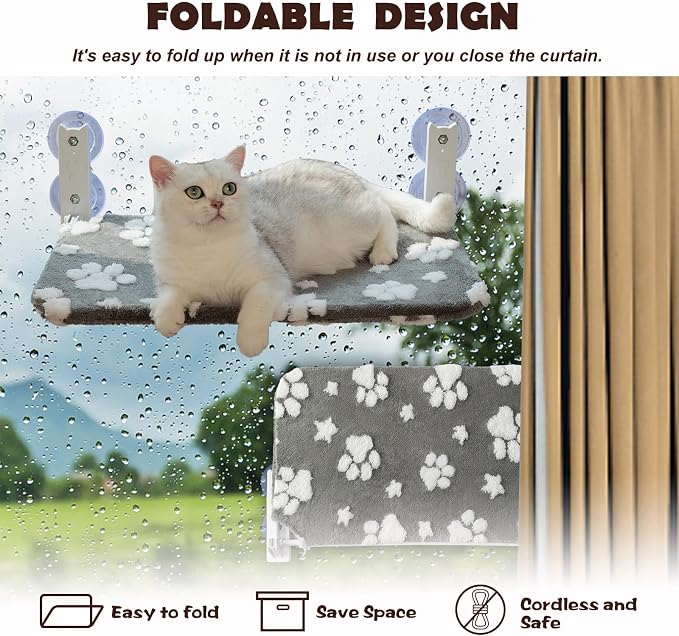 Cute Cat Window Perch, Foldable Cat Window Hammock, Grey | Cordless Window Seat Bed for Indoor Cats, 3D Textured Paw Cover, Strong Suction Cups
