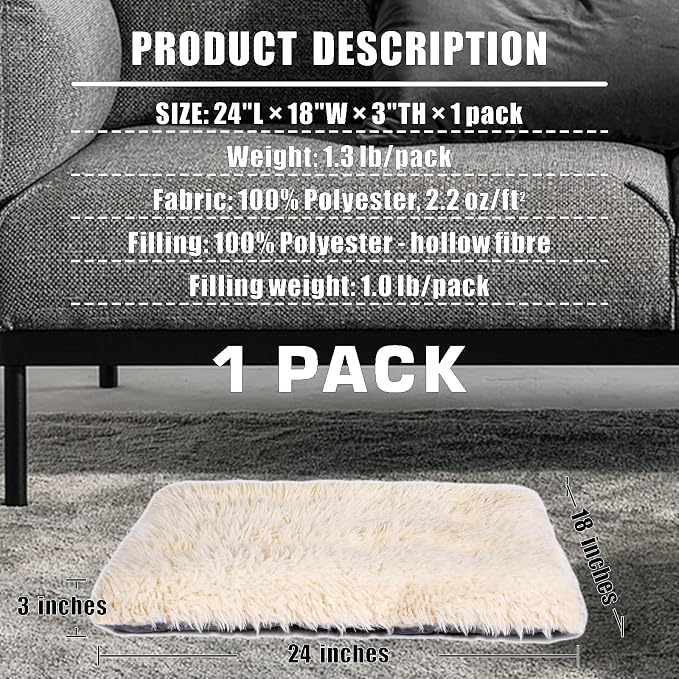 Machine Washable Dog Bed, Deluxe Plush Dog Crate Pad and Cat Bed, Anti-Slip Bottom Kennel Pad Mat, Fuzzy Pet Beds for Large, Medium, Small Dogs Breeds (Ivory, 24.0" L x 18.0" W x 3.0" Th x 1 Pack)