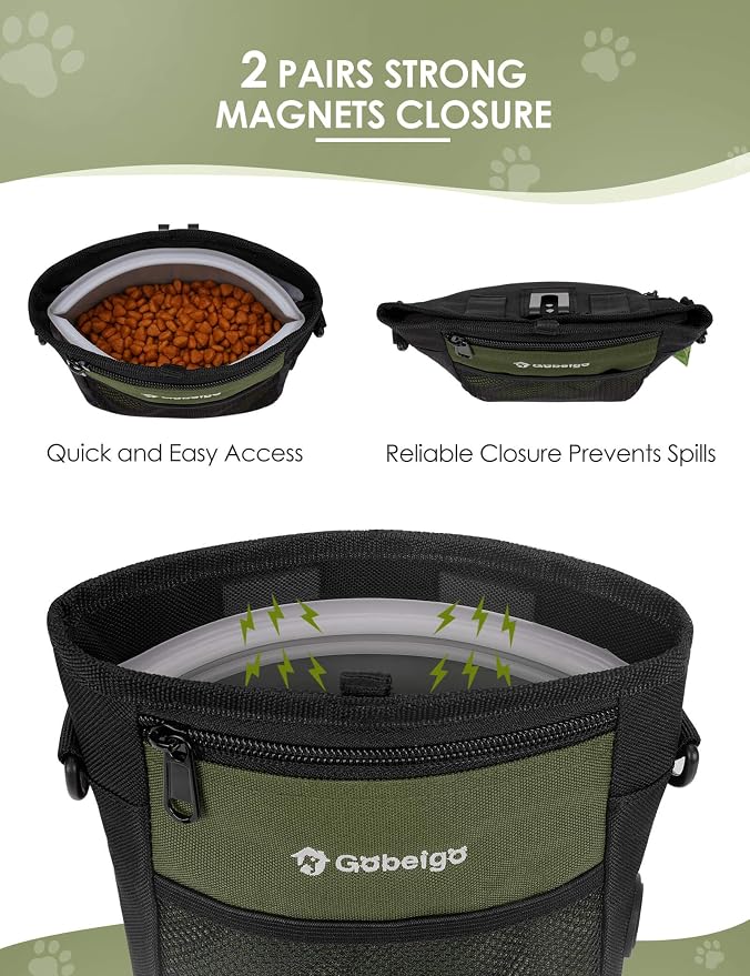 4 Cup Dog Treat Pouch with Silicone Insert Bag& Clicker(Army Green) | 2 Pair Magnetic Closures, Belt Clip/Waist Belt/Crossbody Wear, Zipper Pocket Poop Bag Holder for Pet Training/Daily Walking