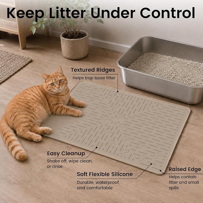 OHMO Cat Litter Mat, 23.5x16 Silicone Trapping Mat Beige | for Kitty Litter Box, Easy Clean, BPA Free Rubber, Center Litter Collection, Easy Pour-Back, Waterproof, Odor-Resistant