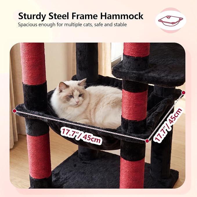 Heybly 53.1" Corner Cat Tree for Large Cats – Interactive Play HCT029BR | Sturdy Cat Tower with Cozy Cat Condo, Fan-Shaped Top Perch, Basket, Hammock & Solid Base, Black and Red