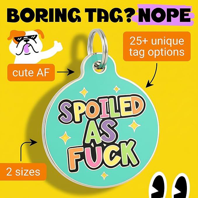 Bad Tags Personalized Dog and Cat ID Tags in 25+ Designs and 2 Sizes - 5 Lines of Custom Engraved Text - Funny Cute Personalized Pet Tags (Spoiled As F*ck, Large (1.25 inch))